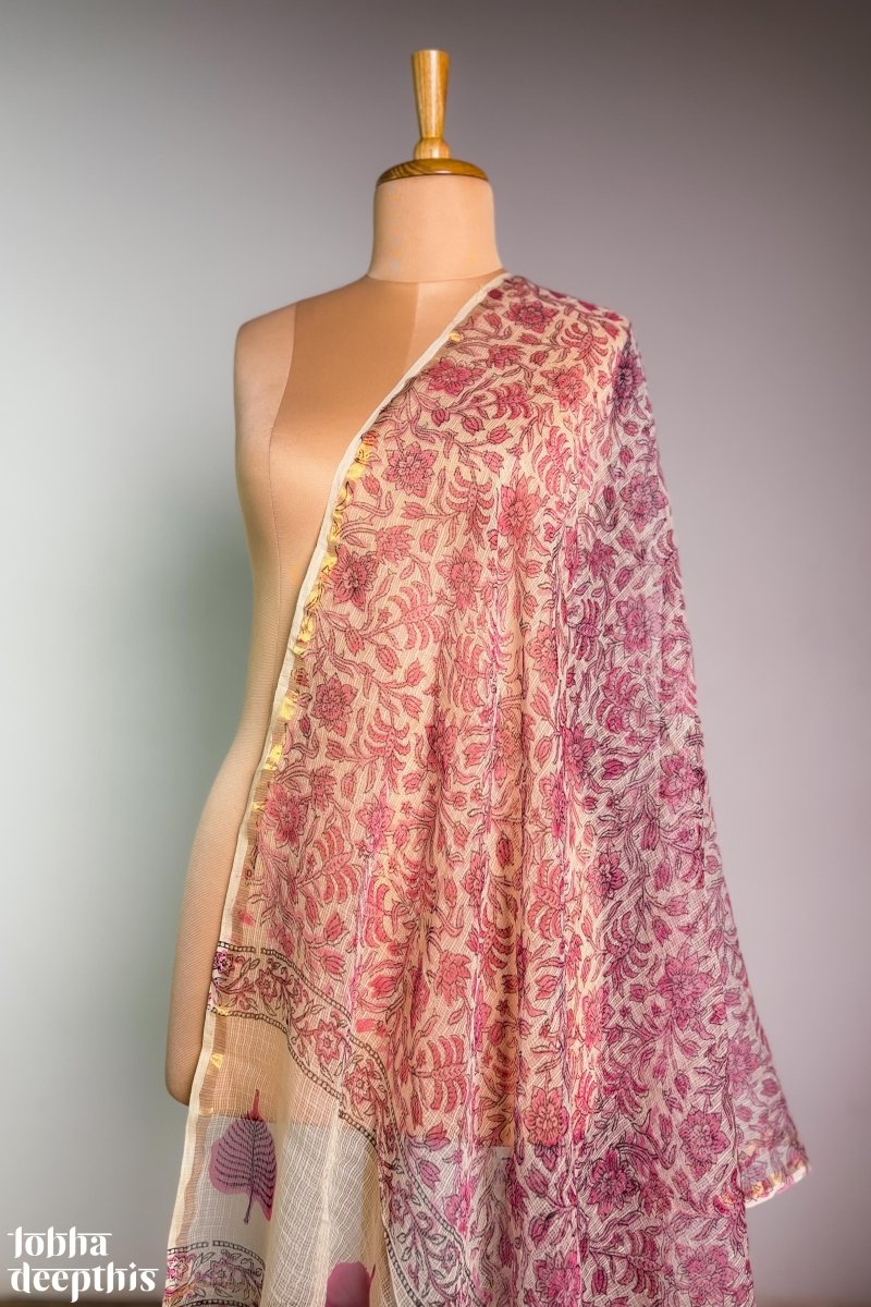 Pink Vines on Cream Sanganeri Kota Doria Dupatta - Lobha Deepthis