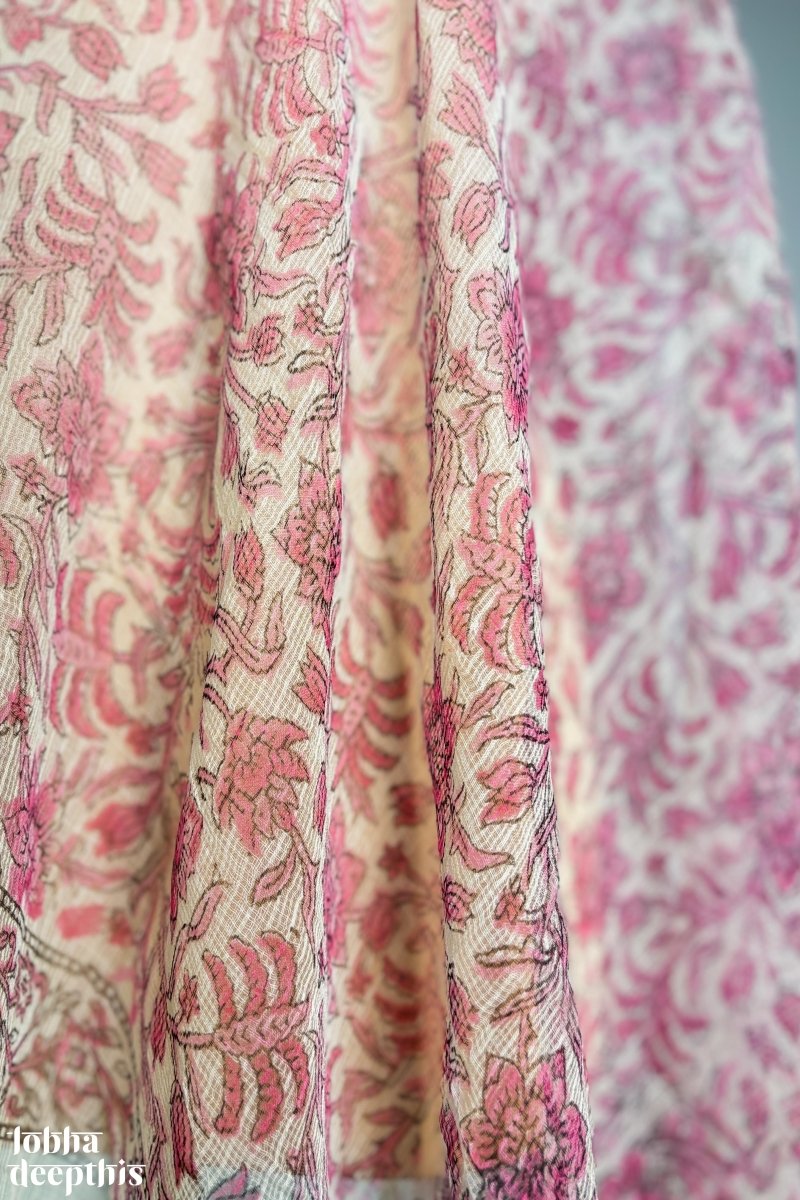 Pink Vines on Cream Sanganeri Kota Doria Dupatta - Lobha Deepthis