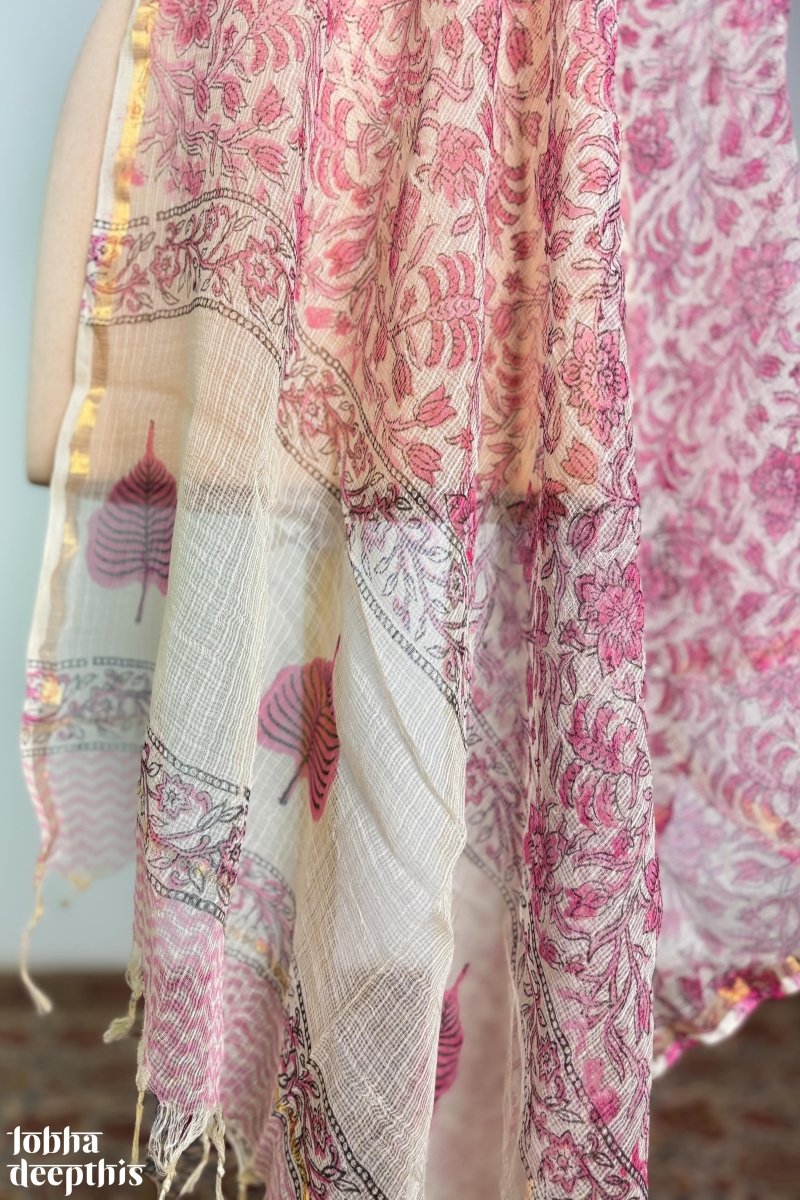 Pink Vines on Cream Sanganeri Kota Doria Dupatta - Lobha Deepthis