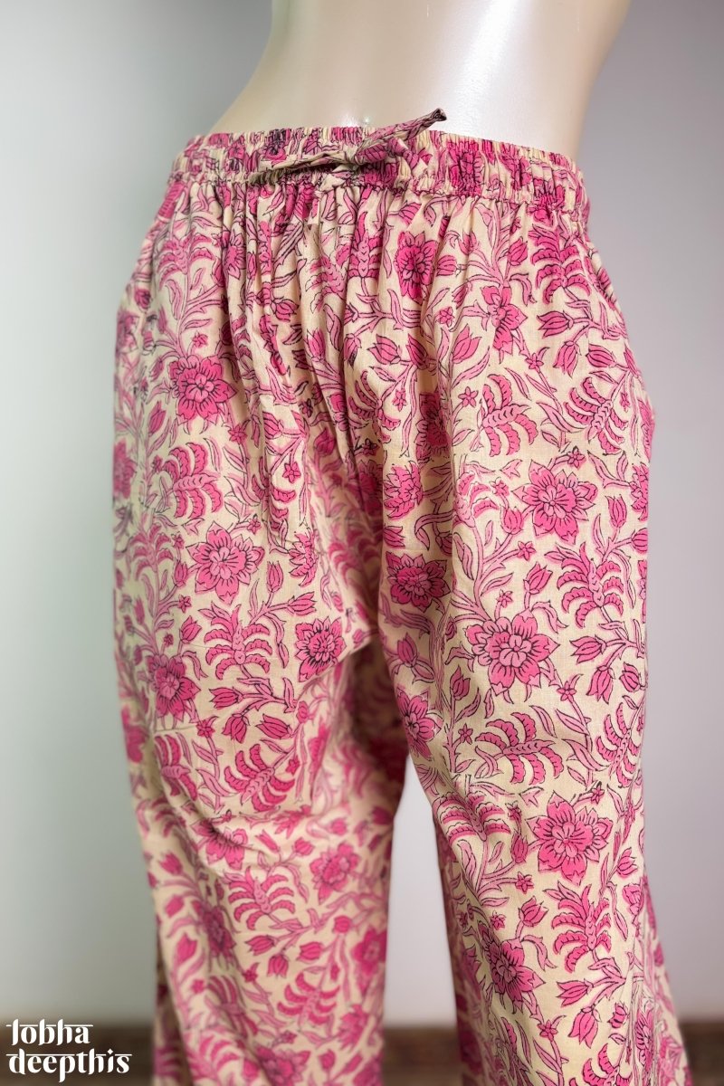 Pink Vines on Cream Sanganeri Straight Pants - Lobha Deepthis