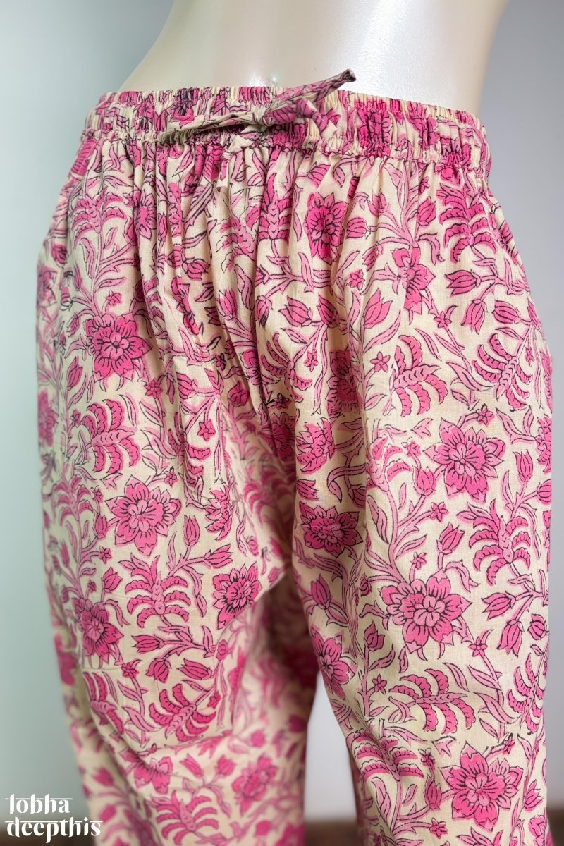 Pink Vines on Cream Sanganeri Straight Pants - Lobha Deepthis