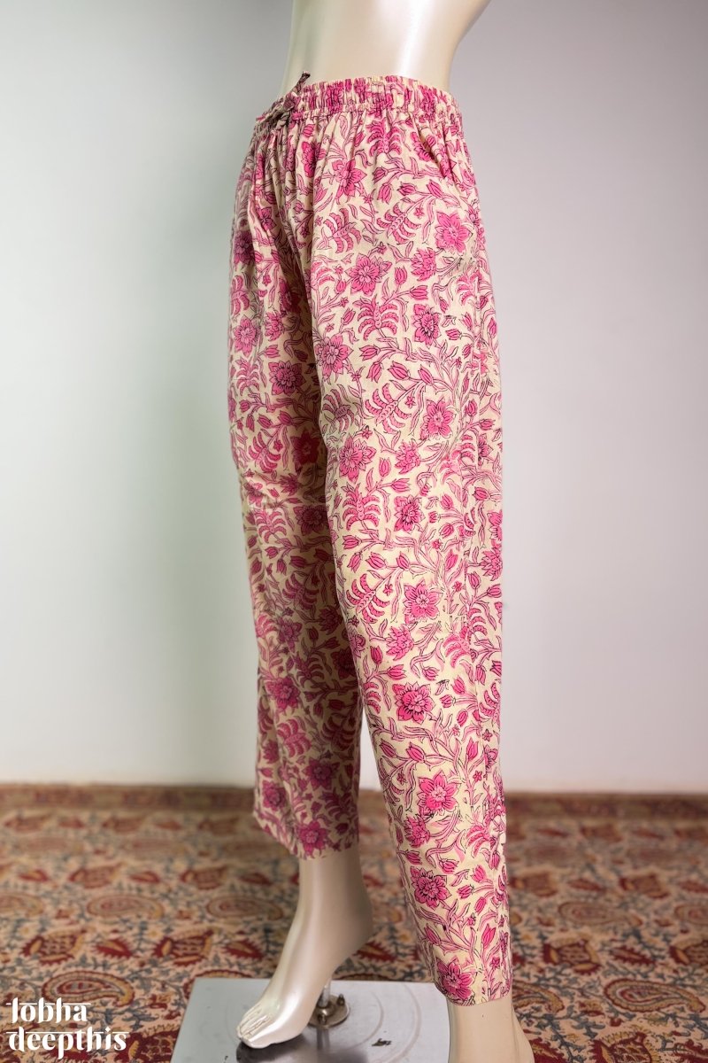 Pink Vines on Cream Sanganeri Straight Pants - Lobha Deepthis