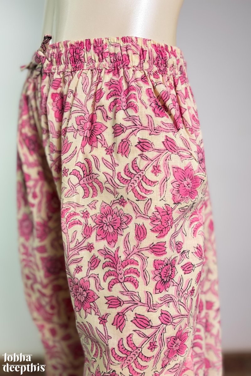 Pink Vines on Cream Sanganeri Straight Pants - Lobha Deepthis