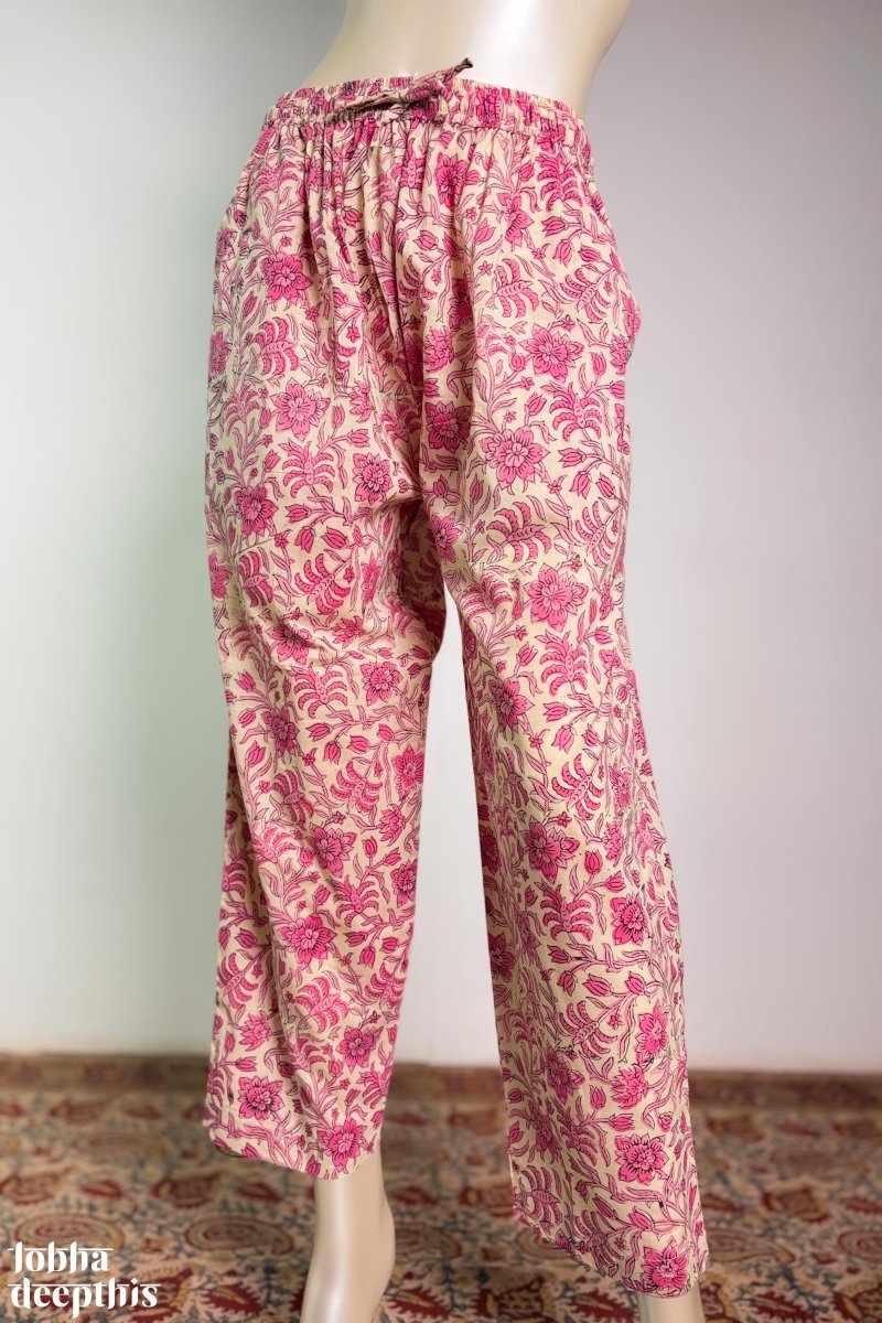 Pink Vines on Cream Sanganeri Straight Pants - Lobha Deepthis