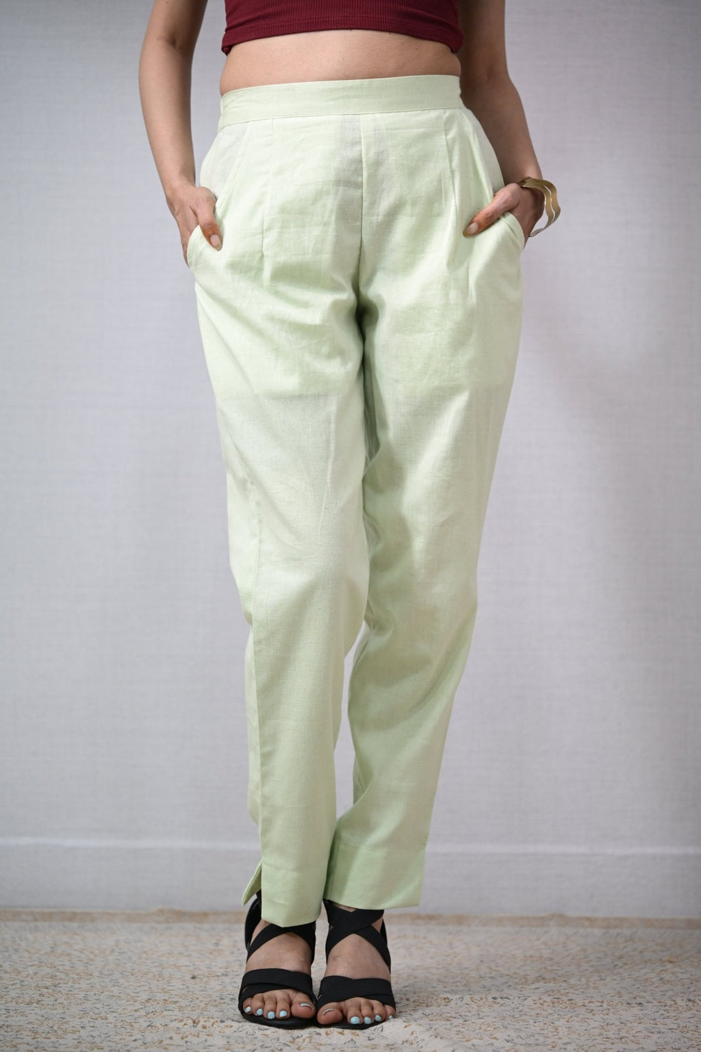 Pista Green Cotton Flax Pencil Pants - Lobha Deepthis