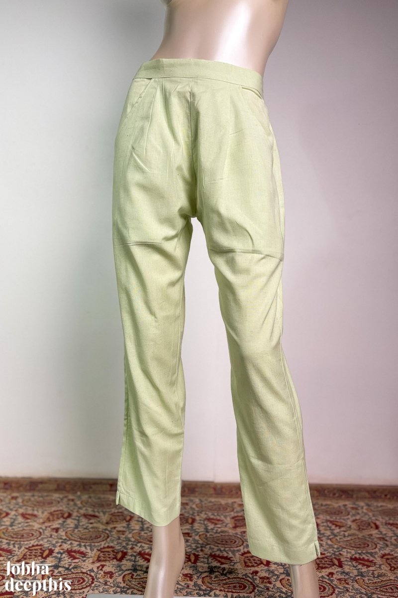 Pista Green Cotton Flax Pencil Pants - Lobha Deepthis