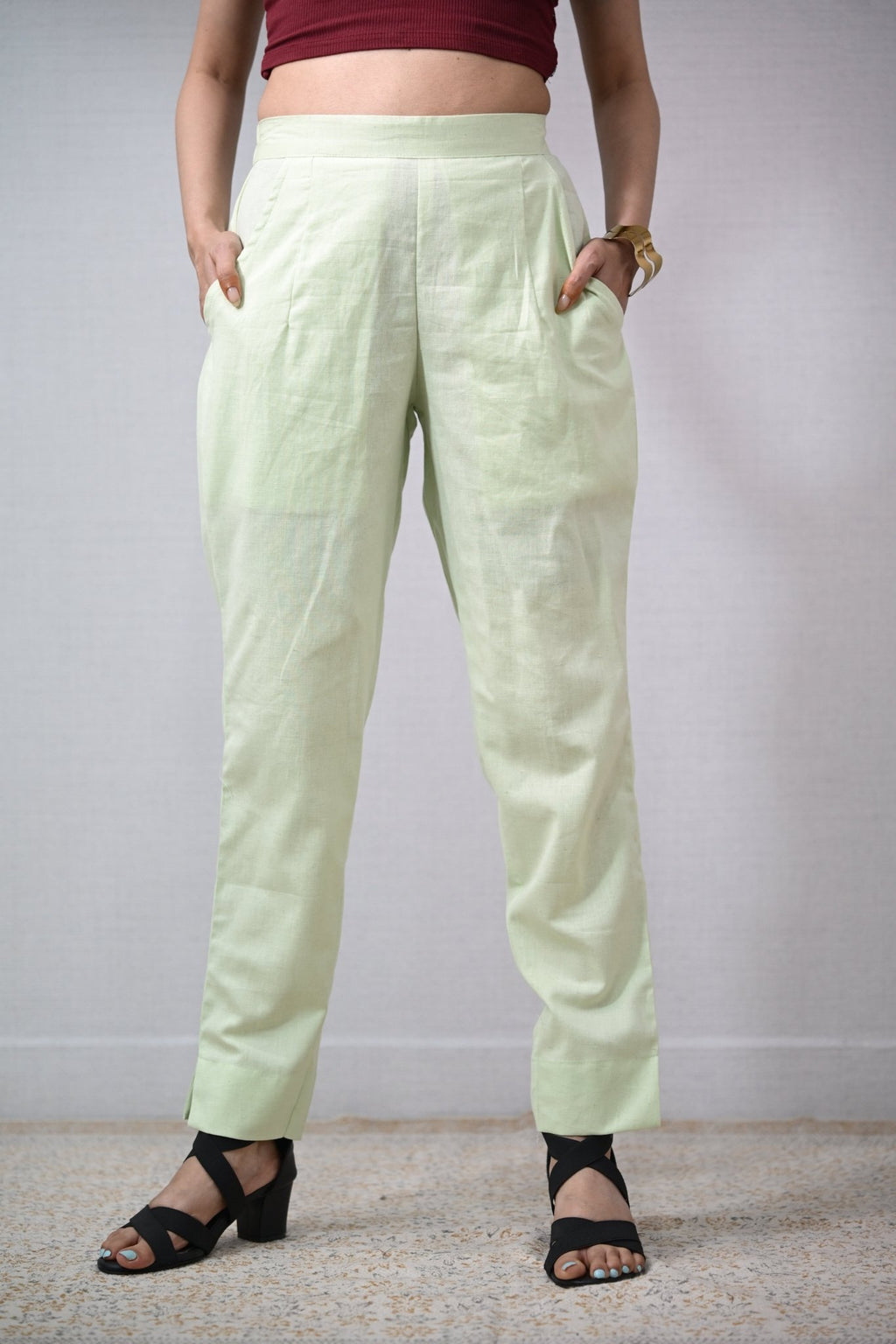 Pista Green Cotton Flax Pencil Pants - Lobha Deepthis
