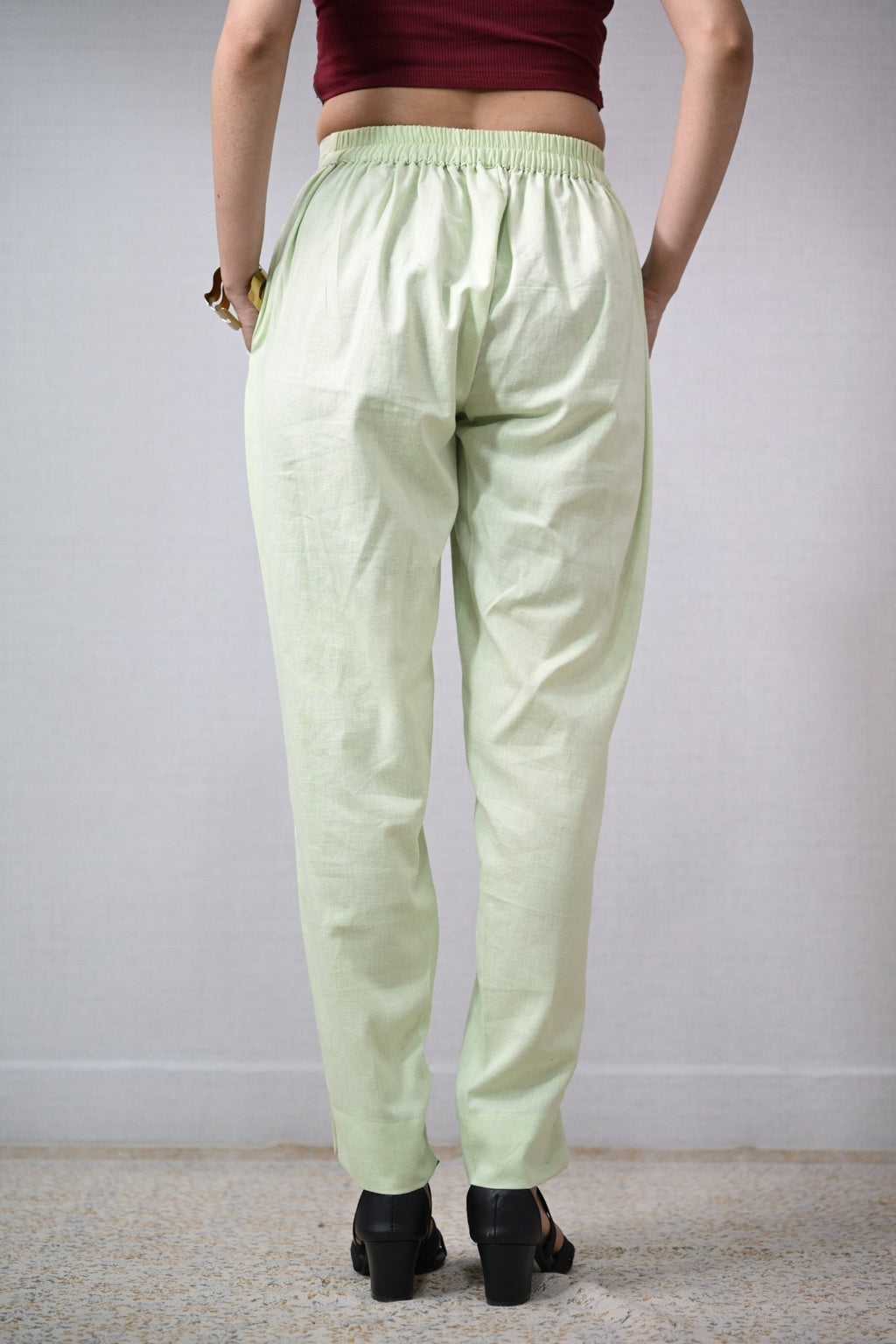Pista Green Cotton Flax Pencil Pants - Lobha Deepthis