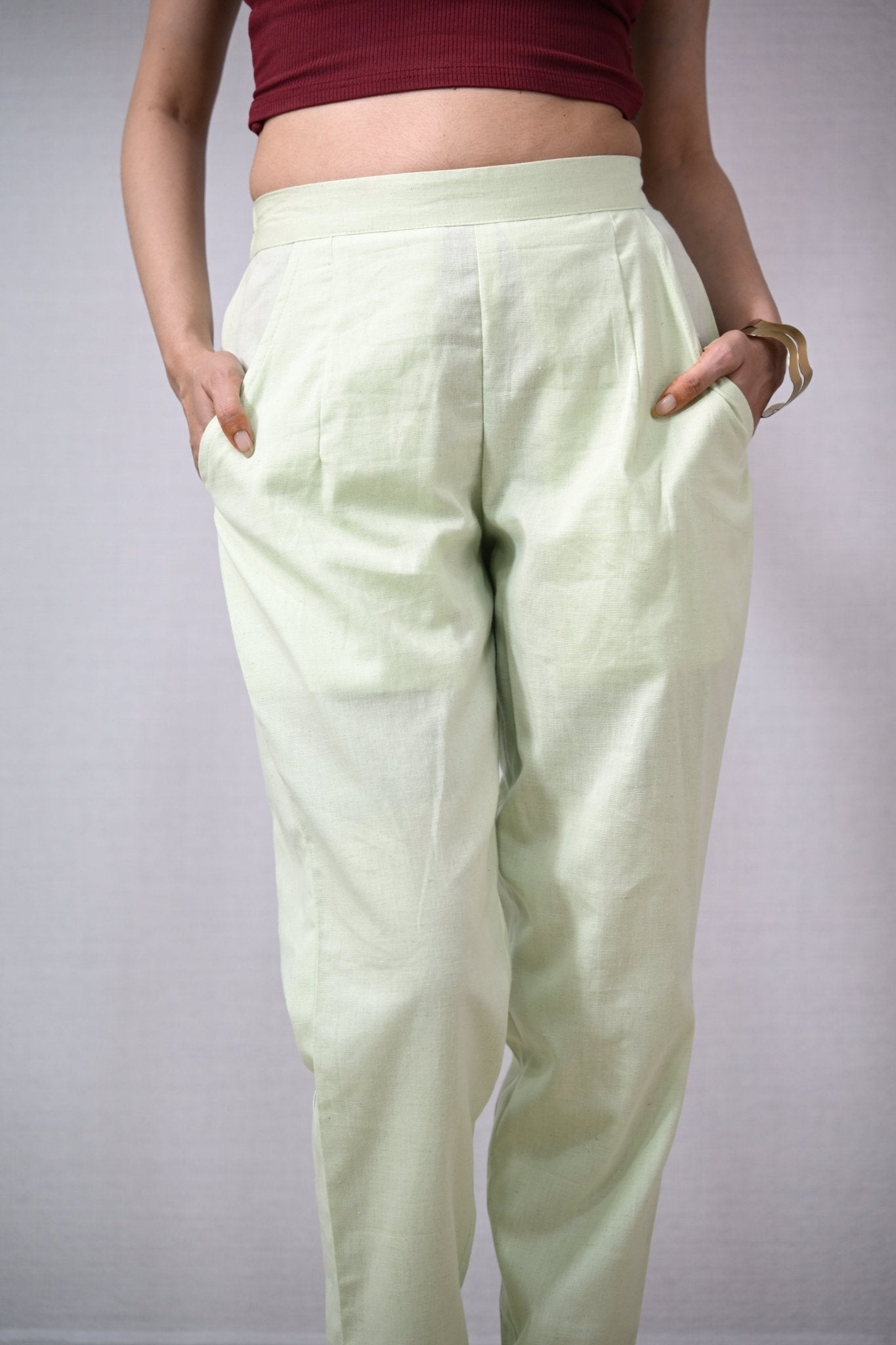 Pista Green Cotton Flax Pencil Pants - Lobha Deepthis