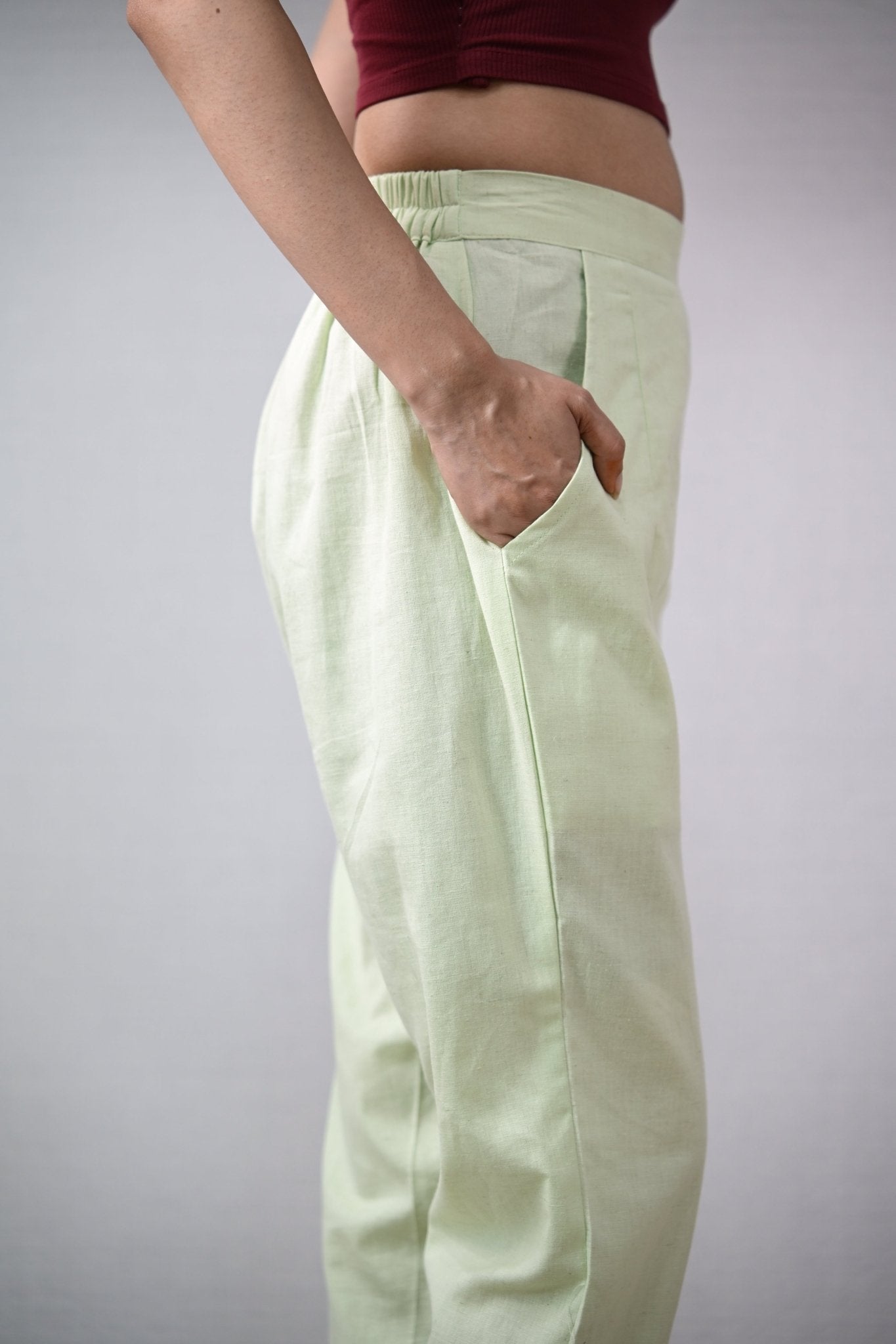 Pista Green Cotton Flax Pencil Pants - Lobha Deepthis
