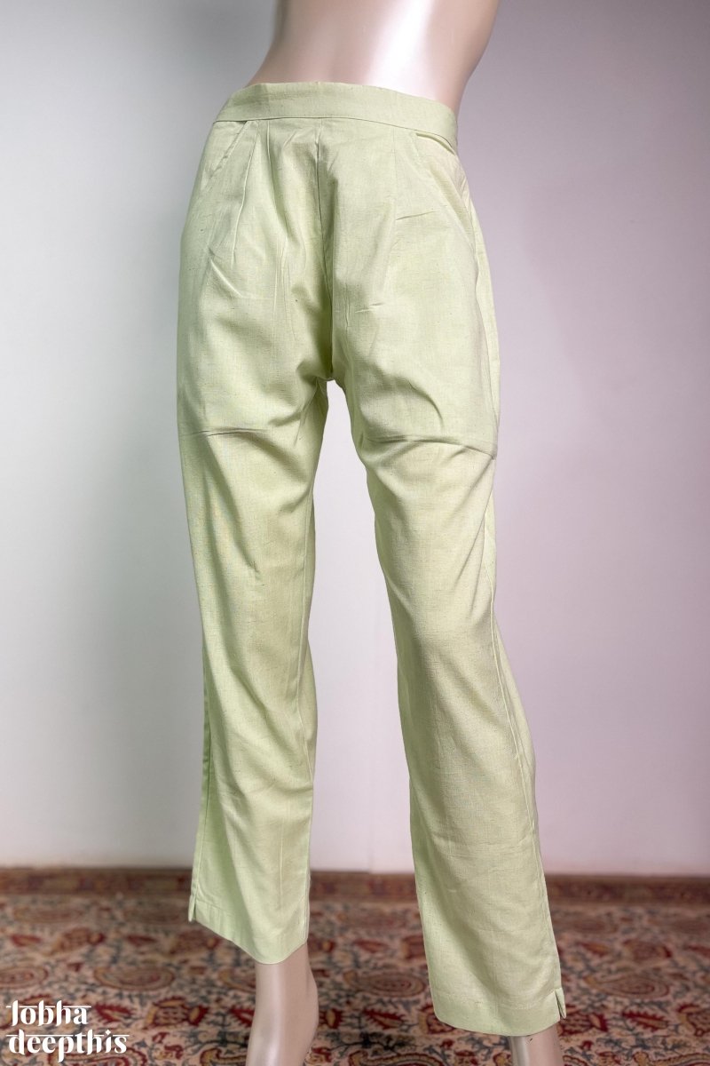 Pista Green Cotton Flax Pencil Pants - Lobha Deepthis