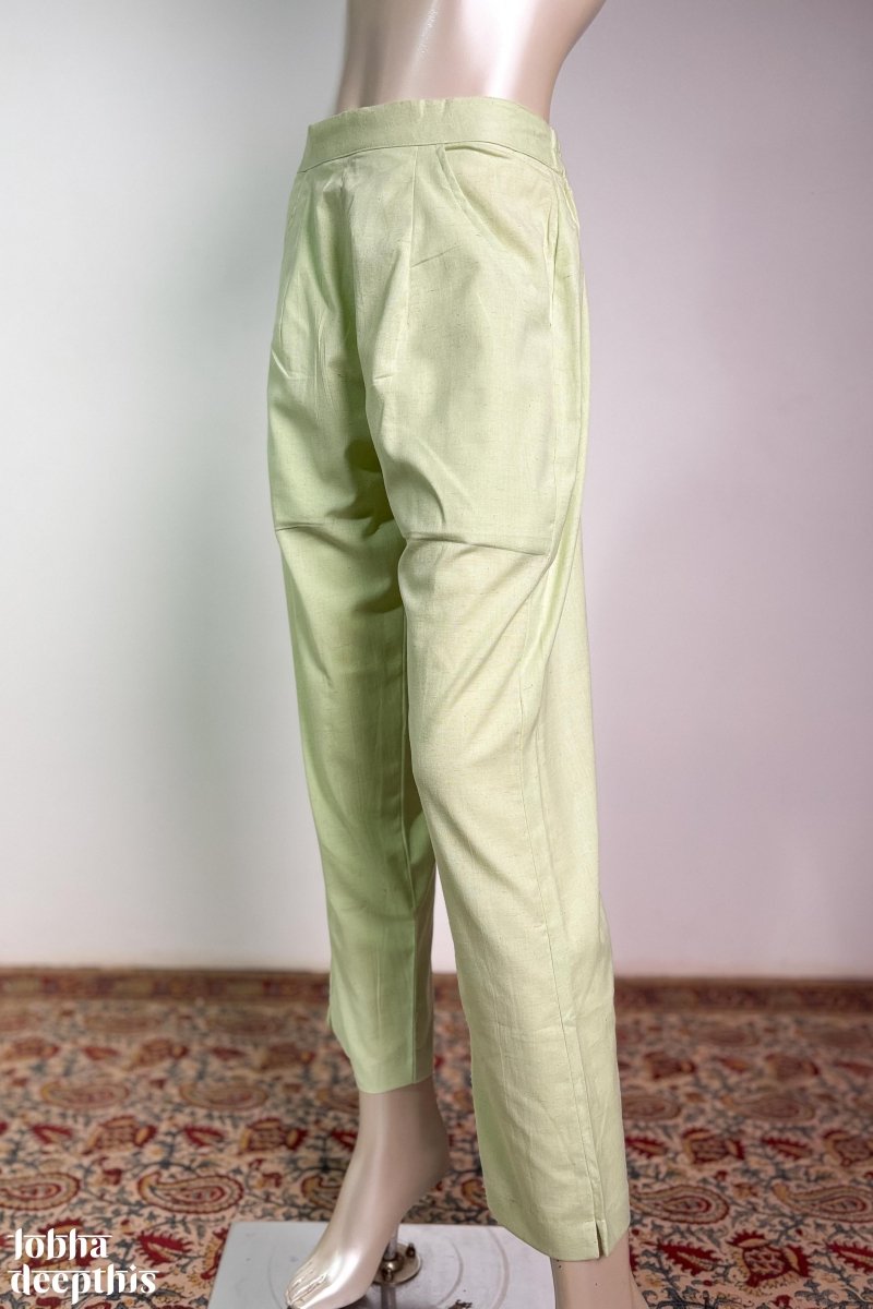 Pista Green Cotton Flax Pencil Pants - Lobha Deepthis