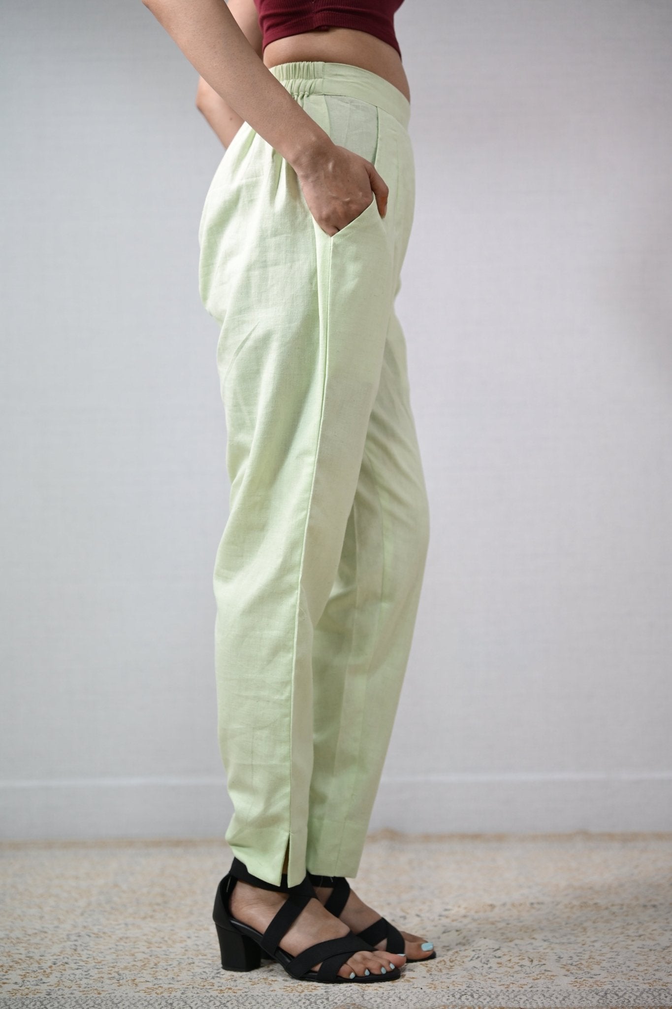 Pista Green Cotton Flax Pencil Pants - Lobha Deepthis