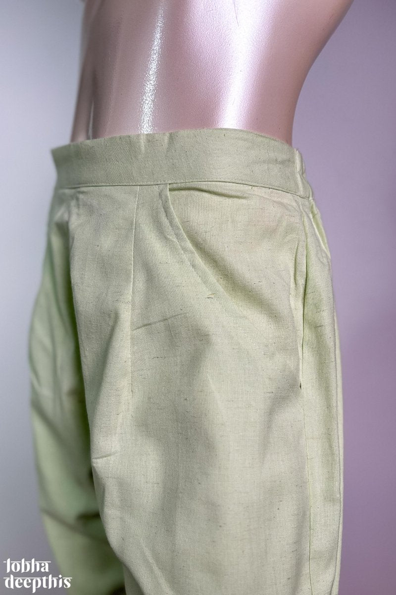 Pista Green Cotton Flax Pencil Pants - Lobha Deepthis