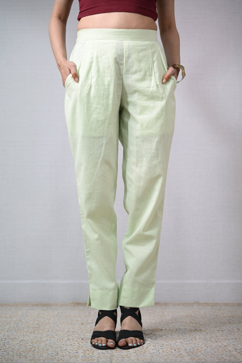 Pista Green Cotton Flax Pencil Pants - Lobha Deepthis