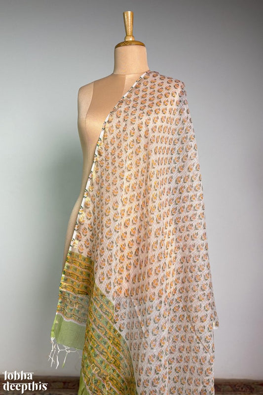 Pista Greens on Sanganeri Kota Doria Dupatta - Lobha Deepthis