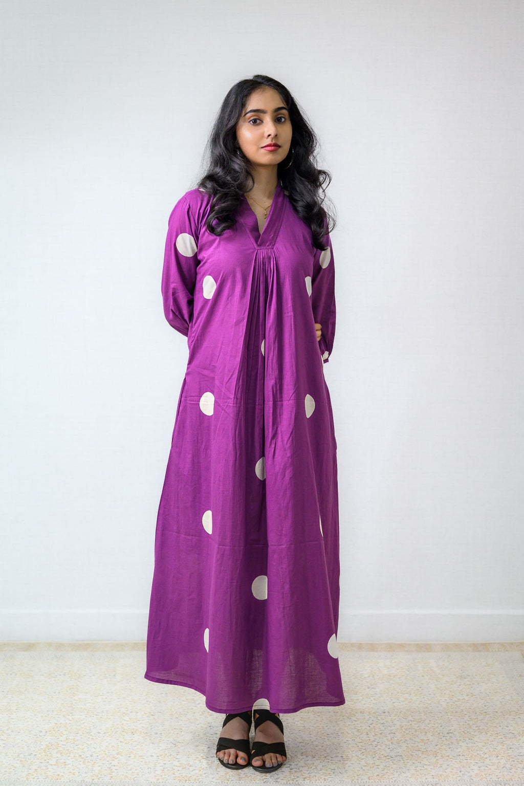 Polka Loca Violet Front Pleated Dress - Lobha Deepthis