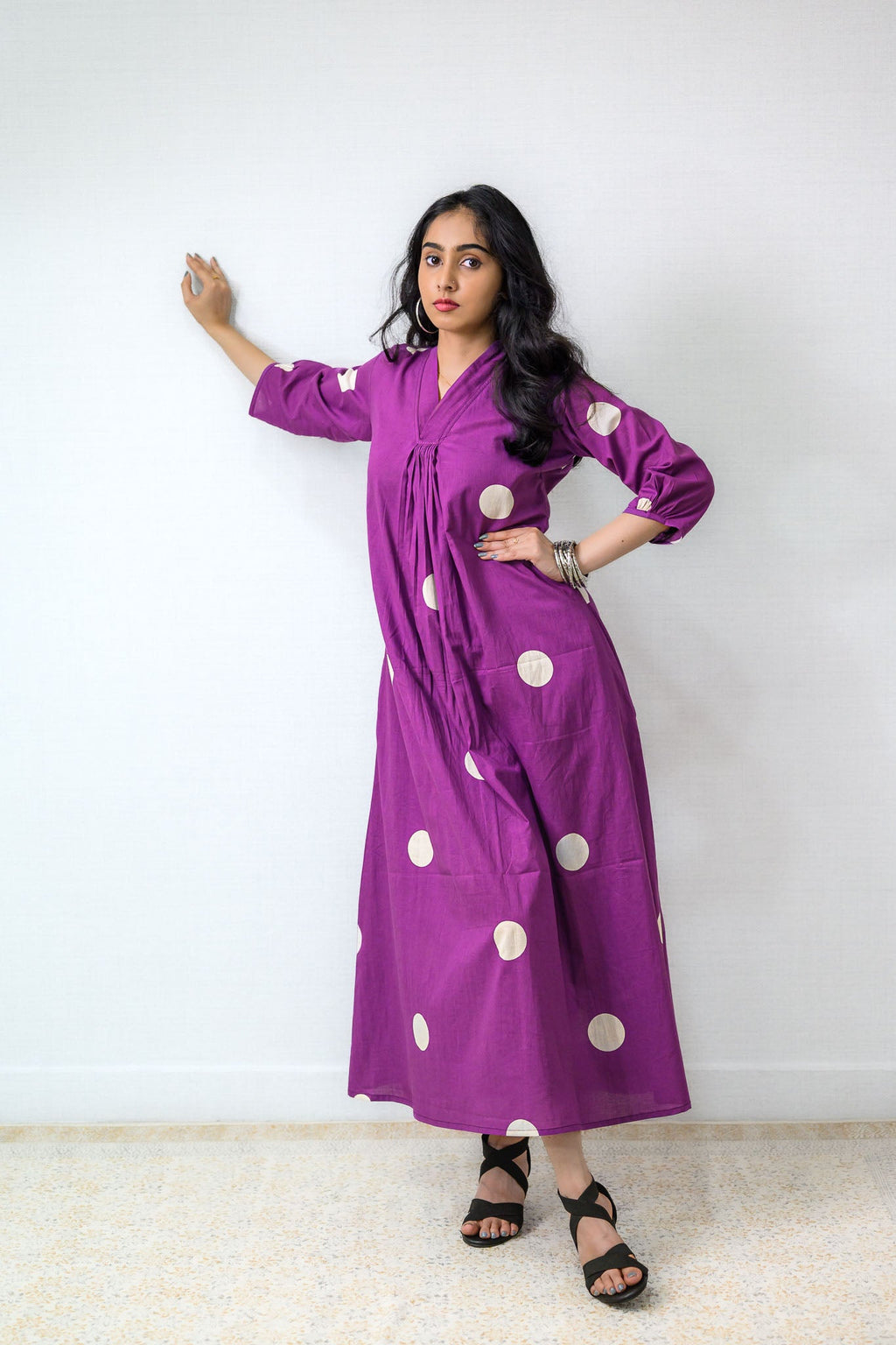 Polka Loca Violet Front Pleated Dress - Lobha Deepthis