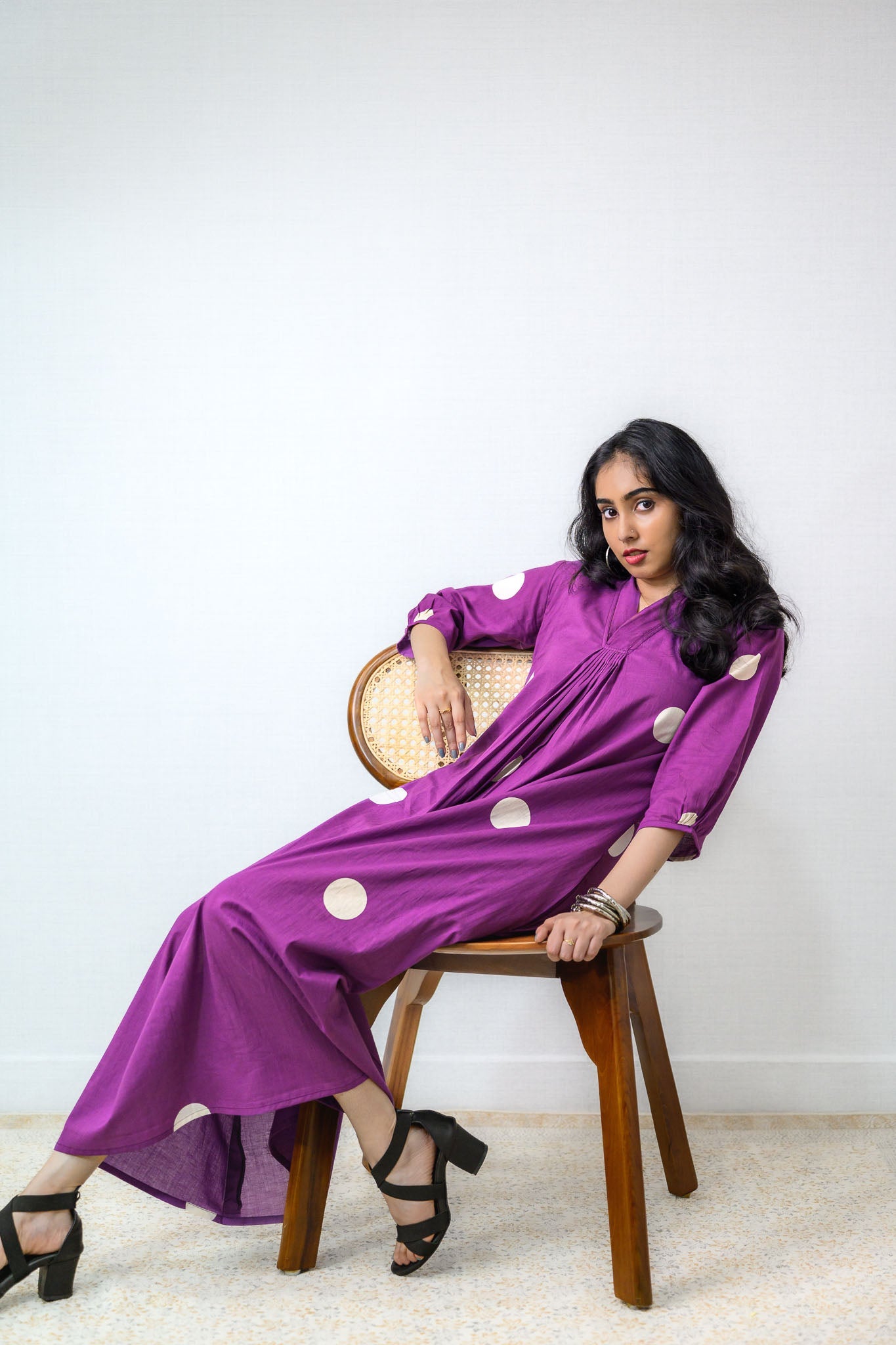 Polka Loca Violet Front Pleated Dress - Lobha Deepthis