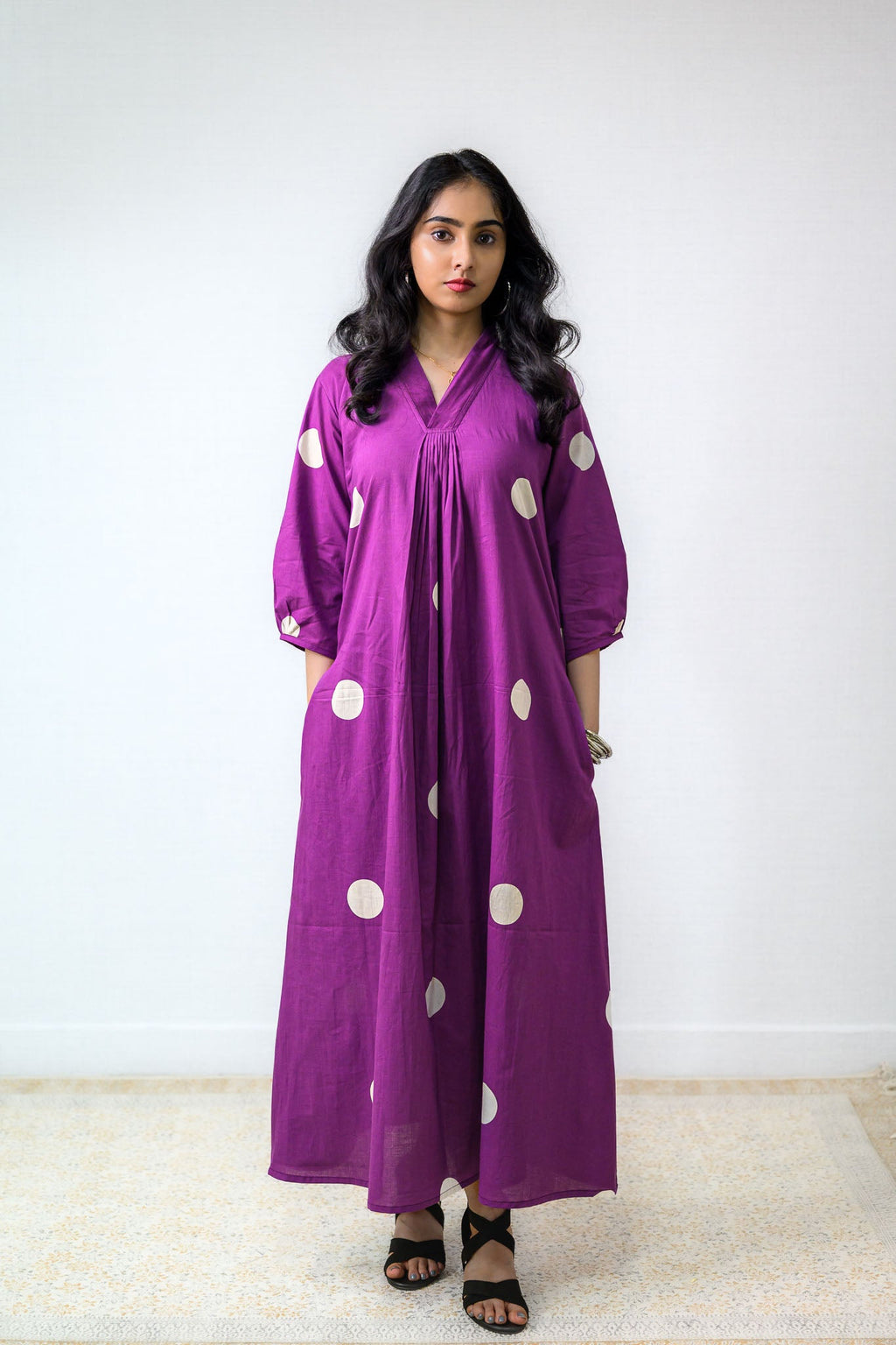 Polka Loca Violet Front Pleated Dress - Lobha Deepthis