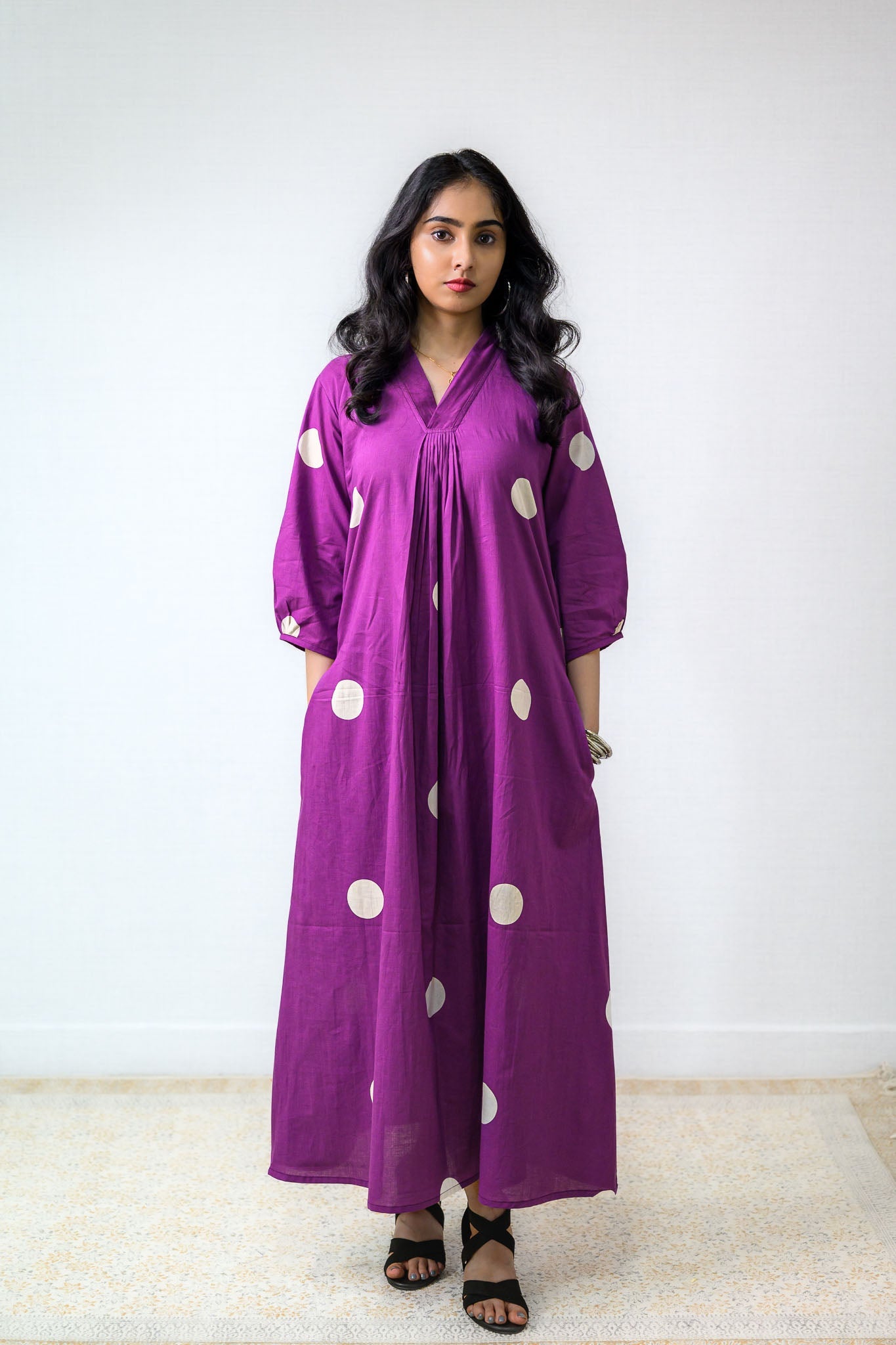 Polka Loca Violet Front Pleated Dress - Lobha Deepthis
