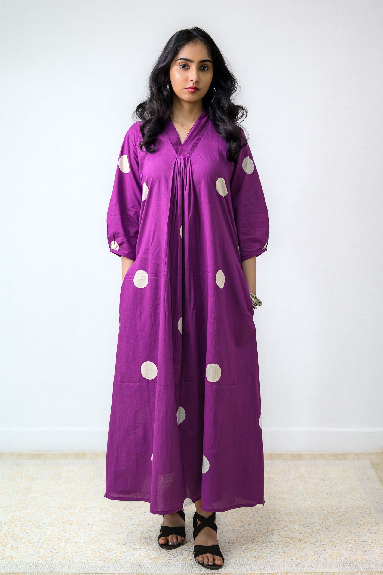 Polka Loca Violet Front Pleated Dress- Lobha Deepthis