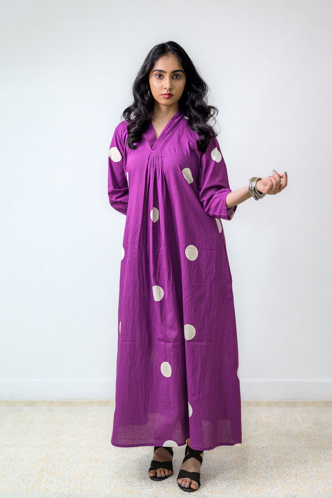 Polka Loca Violet Front Pleated Dress - Lobha Deepthis