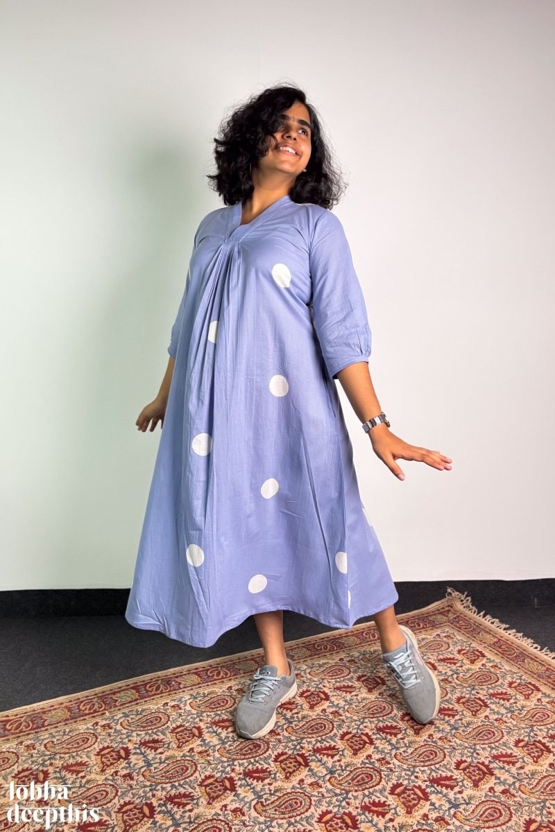 Polkas in Sky Front Pleated Dress - Lobha Deepthis