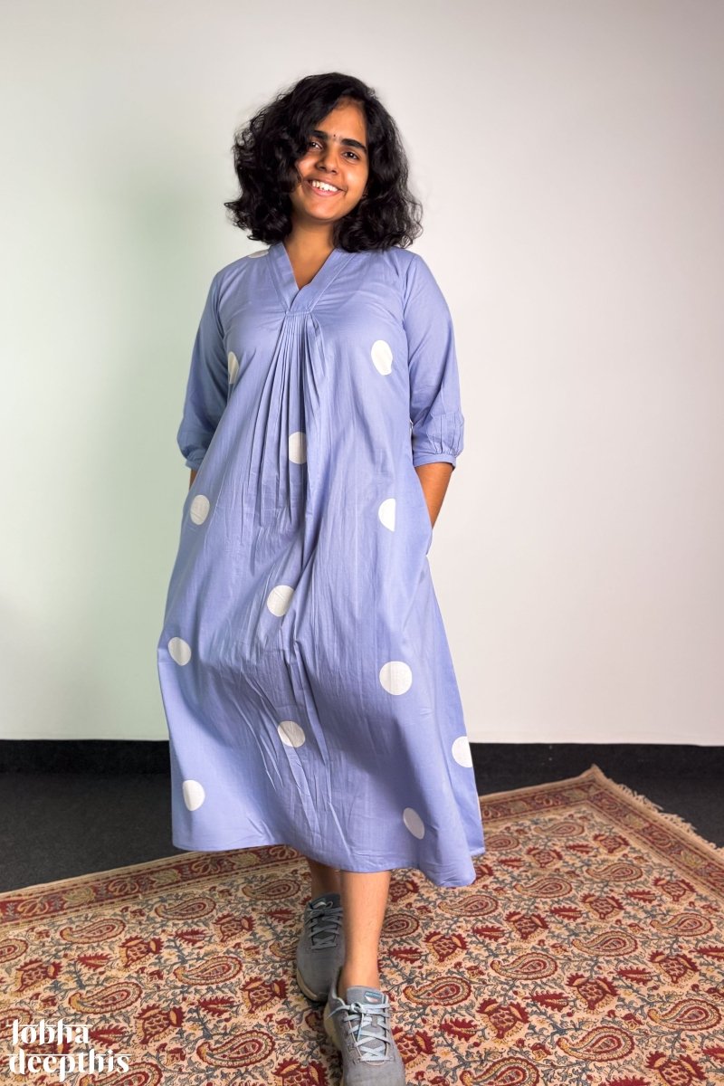 Polkas in Sky Front Pleated Dress - Lobha Deepthis