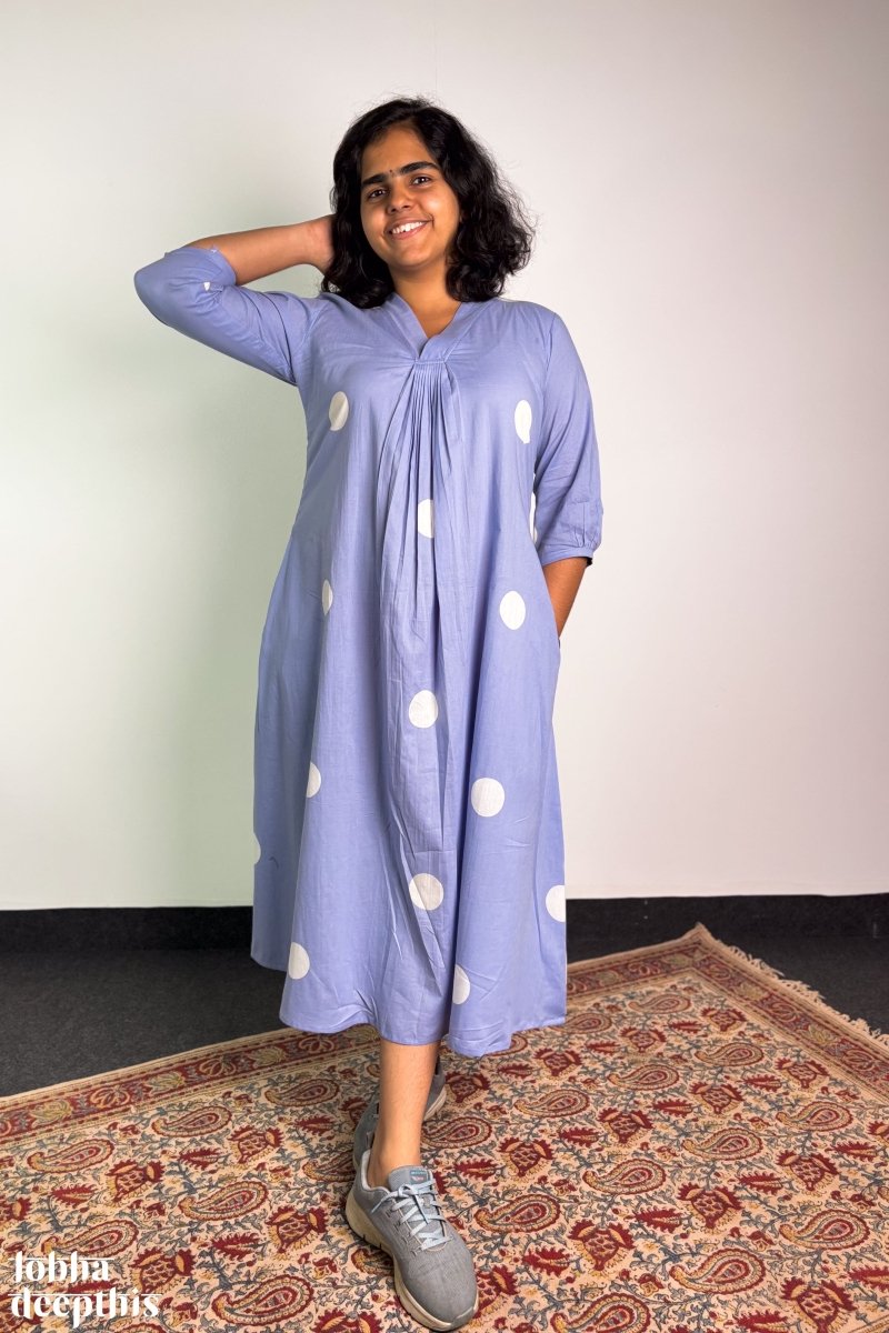 Polkas in Sky Front Pleated Dress - Lobha Deepthis