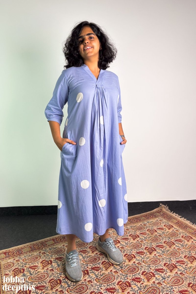 Polkas in Sky Front Pleated Dress - Lobha Deepthis