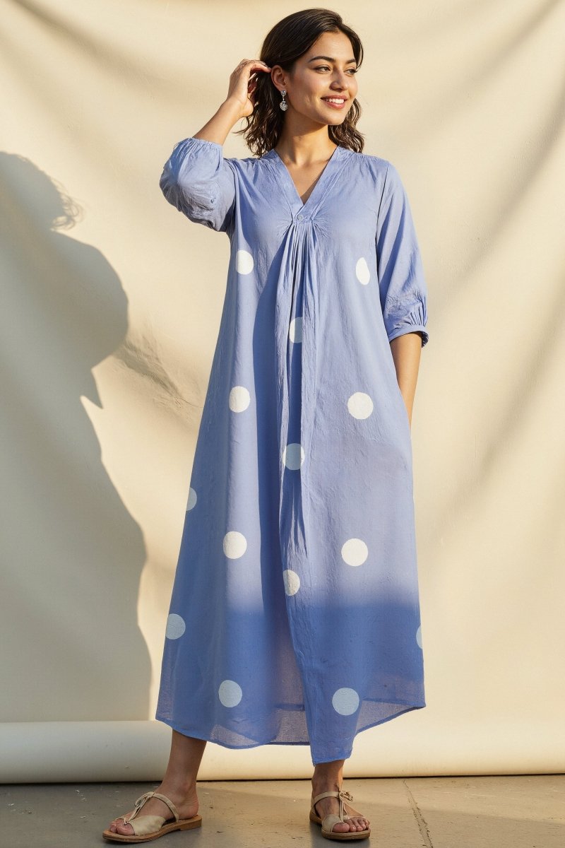 Polkas in Sky Front Pleated Dress - Lobha Deepthis