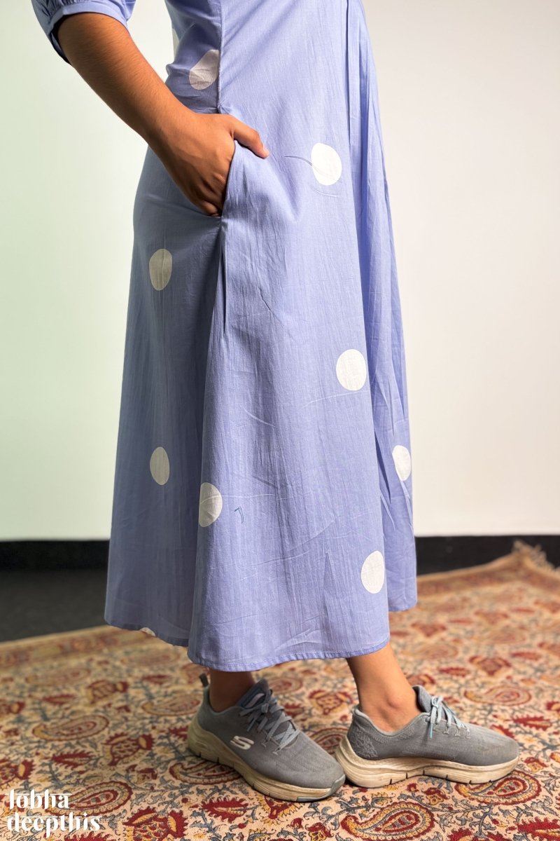 Polkas in Sky Front Pleated Dress - Lobha Deepthis