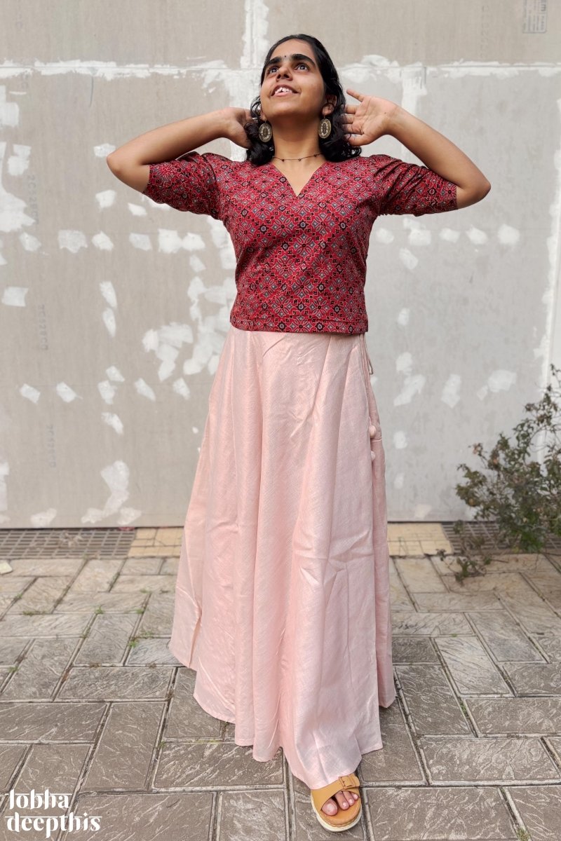 Red Ajrakh and Copper Tissue Onam Skirt & Top Set - Lobha Deepthis