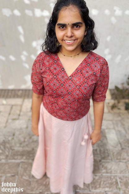 Red Ajrakh and Copper Tissue Onam Skirt & Top Set - Lobha Deepthis