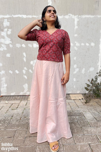 Red Ajrakh and Copper Tissue Onam Skirt & Top Set - Lobha Deepthis