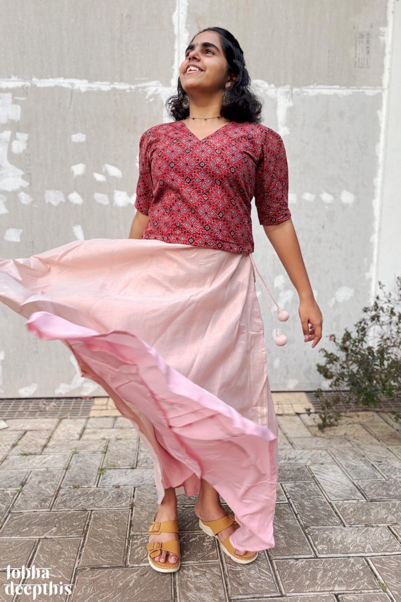 Red Ajrakh and Copper Tissue Onam Skirt & Top Set - Lobha Deepthis