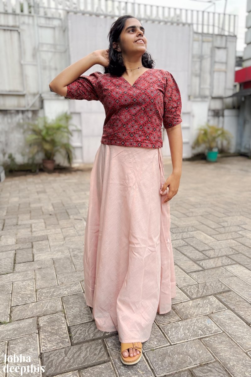 Red Ajrakh and Copper Tissue Onam Skirt & Top Set - Lobha Deepthis