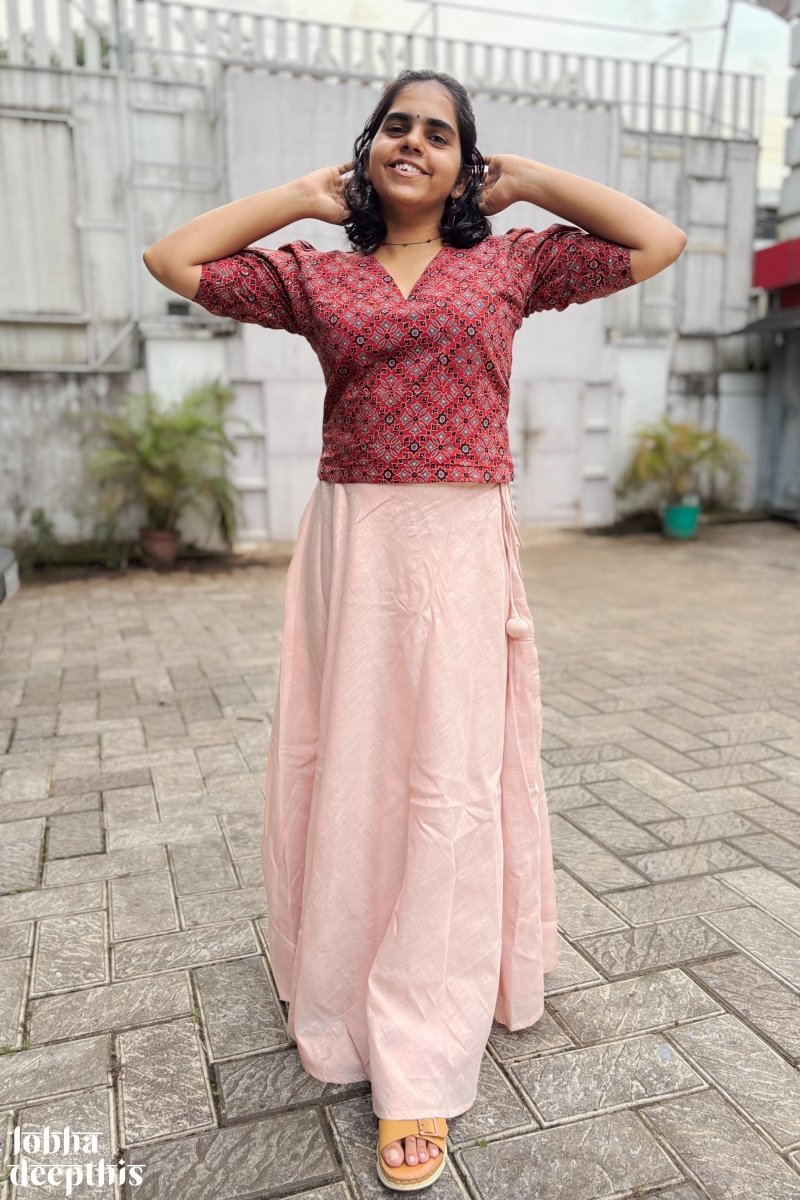 Red Ajrakh and Copper Tissue Onam Skirt & Top Set - Lobha Deepthis