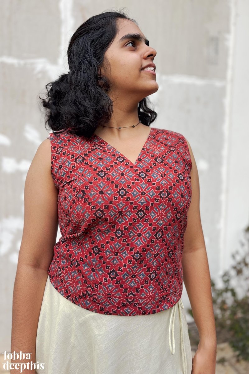 Red Ajrakh and Golden Tissue Onam Skirt & Top Set - Lobha Deepthis