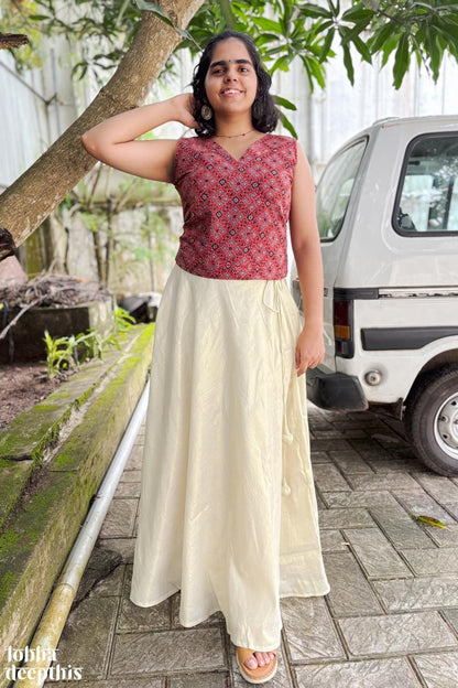 Red Ajrakh and Golden Tissue Onam Skirt & Top Set - Lobha Deepthis