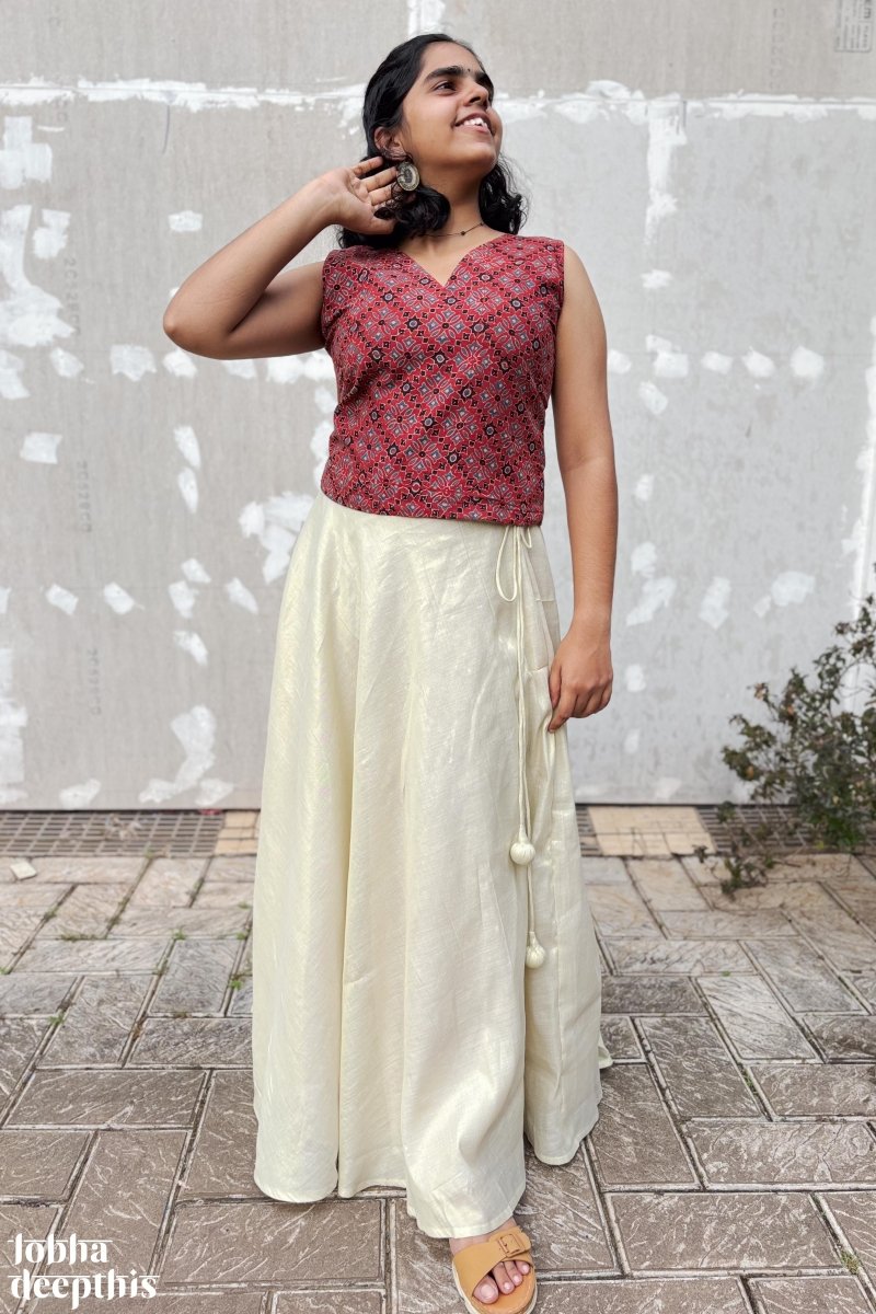 Red Ajrakh and Golden Tissue Onam Skirt & Top Set - Lobha Deepthis