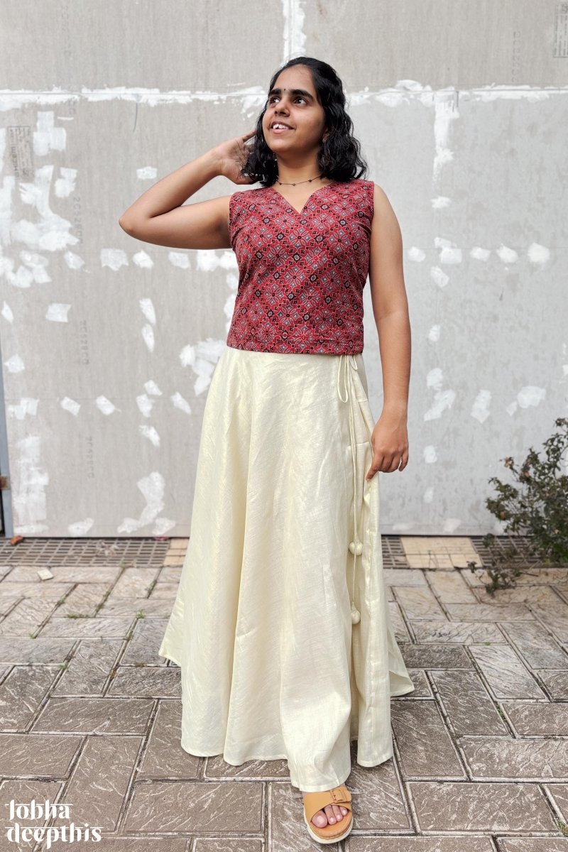 Red Ajrakh and Golden Tissue Onam Skirt & Top Set - Lobha Deepthis