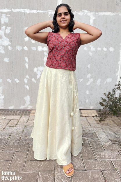 Red Ajrakh and Golden Tissue Onam Skirt & Top Set - Lobha Deepthis