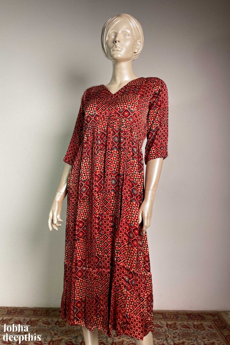 Red Ajrakh Mosaic Modal Alia Cut Dress - Lobha Deepthis