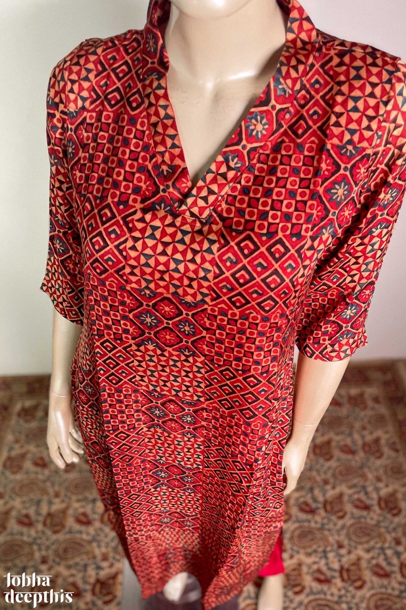 Red Ajrakh Mosaic Modal Collar Kurta - Lobha Deepthis