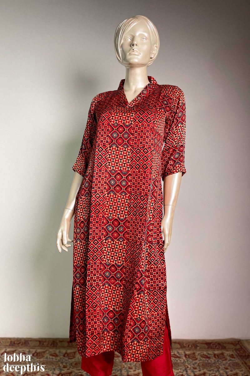 Red Ajrakh Mosaic Modal Collar Kurta - Lobha Deepthis