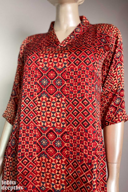 Red Ajrakh Mosaic Modal Collar Kurta - Lobha Deepthis