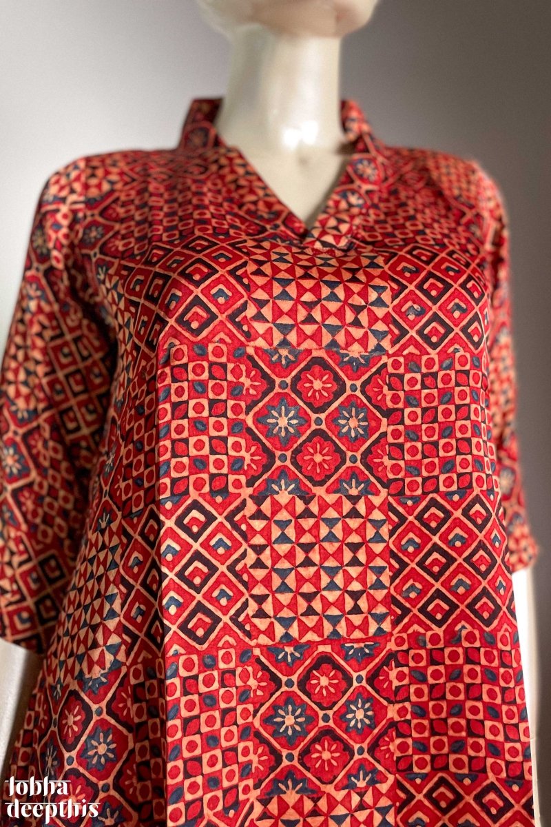 Red Ajrakh Mosaic Modal Collar Kurta - Lobha Deepthis