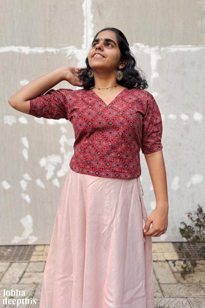 Red Ajrakh Onam Puff Sleeves Crop Top - Lobha Deepthis